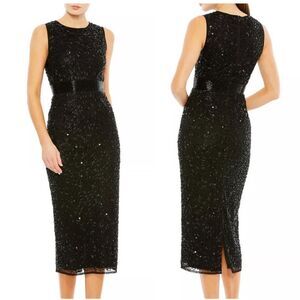 Mac Duggal 93758 Black Geometric Beaded Midi Cocktail Dress Size 16 NWT